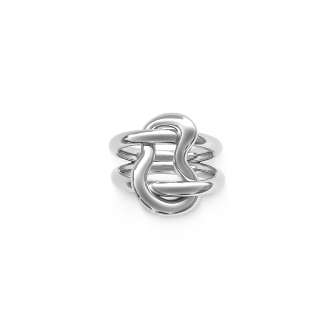 Exaequo a polished silver ring featuring an interlocking, multi-strand knot design, centered on a clean white background.